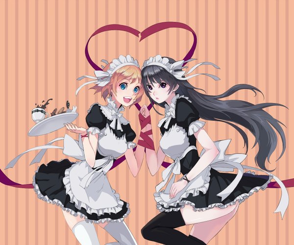 Anime picture 1500x1250 with noel0 (artist) long hair short hair open mouth blue eyes black hair simple background blonde hair purple eyes maid holding hands thighhighs ribbon (ribbons) headdress heart maid headdress apron cup tray