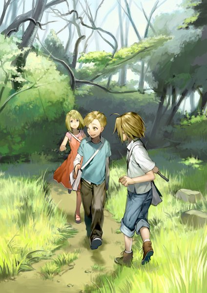 Anime picture 1000x1415 with fullmetal alchemist studio bones edward elric alphonse elric winry rockbell noako (artist) tall image open mouth blonde hair yellow eyes ahoge looking back group alternate age girl dress boy plant (plants) tree (trees) pants