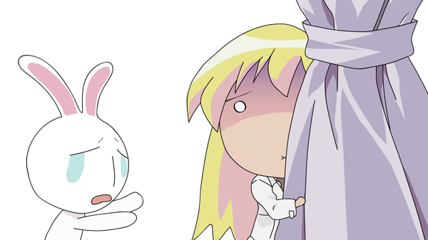 Anime picture 1600x900 with pani poni dash! rebecca miyamoto mesousa long hair blonde hair wide image white background upper body transparent background scared o o peeking :x girl animal bunny