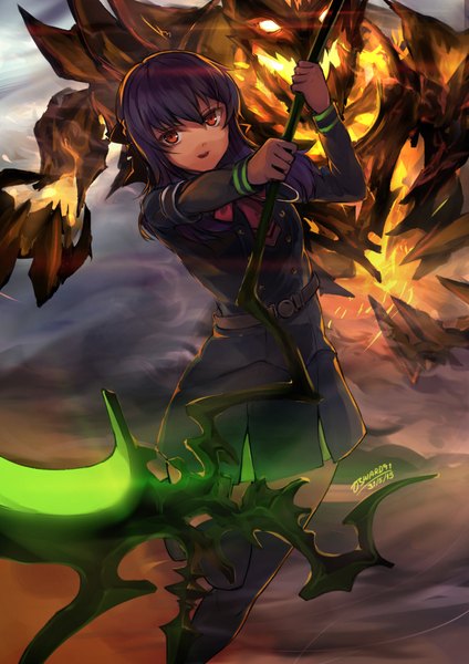 Anime picture 774x1094 with owari no seraph dota 2 (game) wit studio hiiragi shinoa shadow fiend (dota 2) osward91 long hair tall image looking at viewer fringe hair between eyes red eyes standing holding signed payot purple hair bent knee (knees) long sleeves head tilt