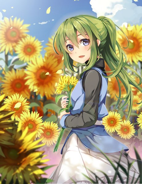Anime picture 2480x3217 with original akizone single long hair tall image looking at viewer blush highres open mouth blue eyes holding sky cloud (clouds) green hair wind girl dress flower (flowers) plant (plants) leaf (leaves)
