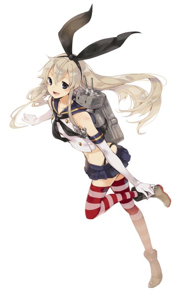 Anime picture 786x1361 with kantai collection kancolle shimakaze destroyer rensouhou-chan chiko (mizuho) tall image looking at viewer open mouth blue eyes simple background white background pleated skirt zettai ryouiki :3 girl thighhighs skirt gloves hair ornament ribbon (ribbons)