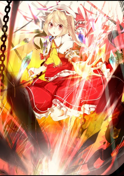 Anime picture 1400x1980 with touhou flandre scarlet benio (dontsugel) single tall image blush short hair open mouth blonde hair red eyes puffy sleeves girl dress skirt wings frills chain wrist cuffs bonnet skirt set