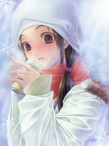 Anime picture 768x1024 with original yuuzii single long hair tall image blush open mouth brown hair brown eyes winter steam girl jacket scarf cap snowflake (snowflakes)