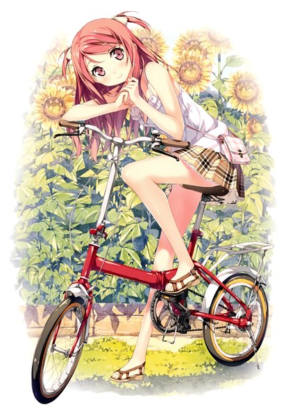 Anime picture 2478x3500 with 5 nenme no houkago (artbook) original kurumi (kantoku) kantoku single long hair tall image looking at viewer blush highres smile red eyes sitting twintails bare shoulders red hair barefoot sleeveless plaid skirt short twintails