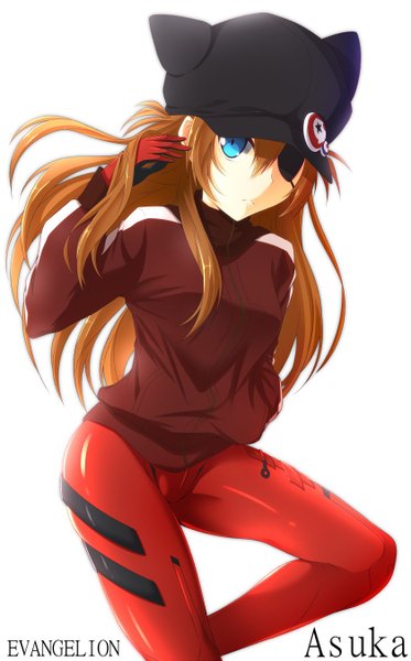 Anime picture 840x1350 with neon genesis evangelion rebuild of evangelion evangelion: 3.0 you can (not) redo gainax shikinami asuka langley akane miu single long hair tall image looking at viewer fringe blue eyes simple background hair between eyes brown hair white background payot bent knee (knees) copyright name character names