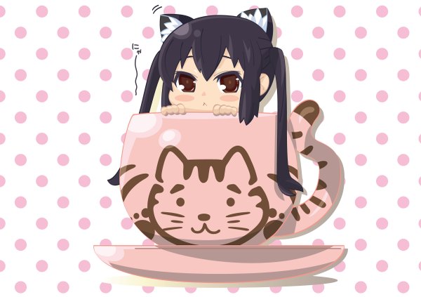 Anime picture 2400x1694 with k-on! kyoto animation nakano azusa highres black hair twintails animal ears cat ears chibi polka dot girl cat mug flush