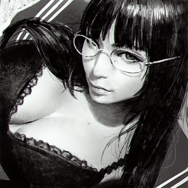 Anime picture 900x900 with original ilya kuvshinov single long hair looking at viewer fringe light erotic from above realistic monochrome portrait close-up face girl glasses lingerie bra