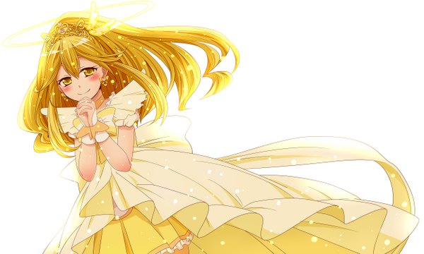 Anime picture 2500x1500 with precure smile precure! toei animation kise yayoi cure peace hirune (umineko07151129) single long hair blush highres simple background blonde hair smile wide image white background yellow eyes girl dress tiara