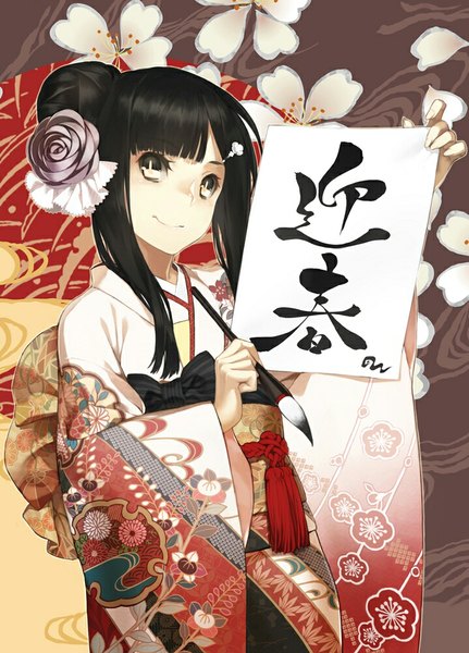 Anime picture 719x1000 with original 92m single long hair tall image looking at viewer black hair signed yellow eyes traditional clothes japanese clothes calligraphy girl hair ornament flower (flowers) ribbon (ribbons) kimono obi paintbrush calligraphy brush