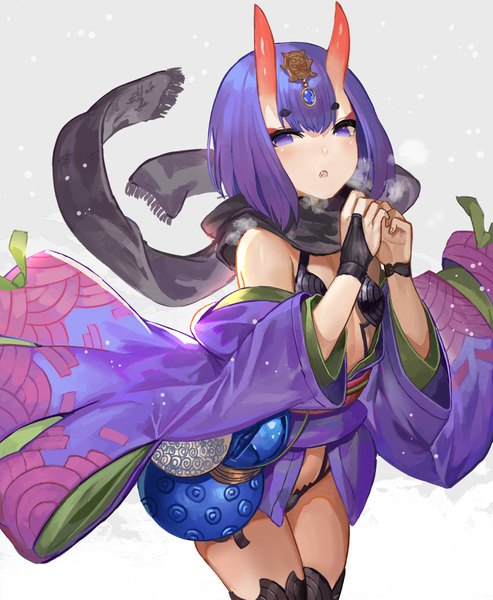 Anime picture 2894x3525 with fate (series) fate/grand order shuten douji (fate) akizone single tall image looking at viewer fringe highres short hair light erotic purple eyes purple hair traditional clothes japanese clothes horn (horns) :o fang (fangs) snowing winter
