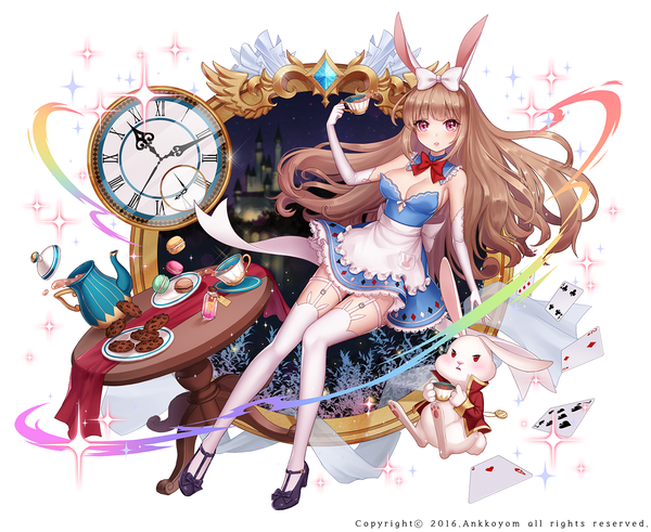 Anime picture 1300x1065 with alice in wonderland alice (wonderland) ango single long hair looking at viewer breasts light erotic red eyes brown hair animal ears bunny ears girl thighhighs dress gloves bow hair bow animal white thighhighs