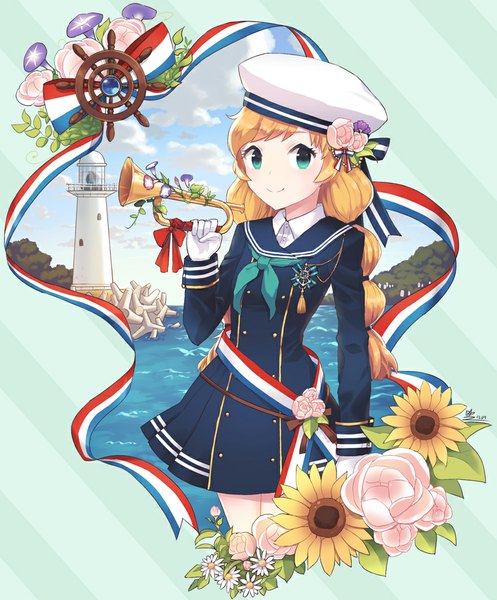 Anime picture 877x1057 with original minari single long hair tall image looking at viewer blue eyes blonde hair smile cloud (clouds) braid (braids) light smile france girl flower (flowers) ribbon (ribbons) peaked cap