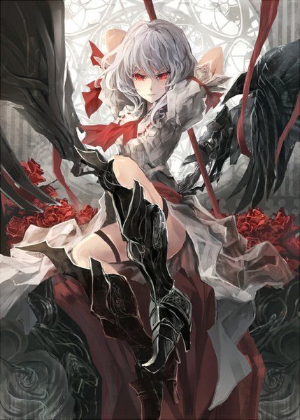 Anime picture 572x800 with touhou remilia scarlet makai no juumin single tall image looking at viewer fringe short hair red eyes holding silver hair arms up angry girl dress flower (flowers) boots rose (roses) knee boots red rose