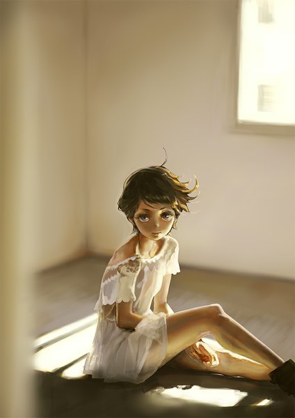 Anime picture 707x1000 with original aro (charged time out) single tall image looking at viewer short hair brown hair sitting brown eyes ahoge sunlight realistic girl dress boots white dress room