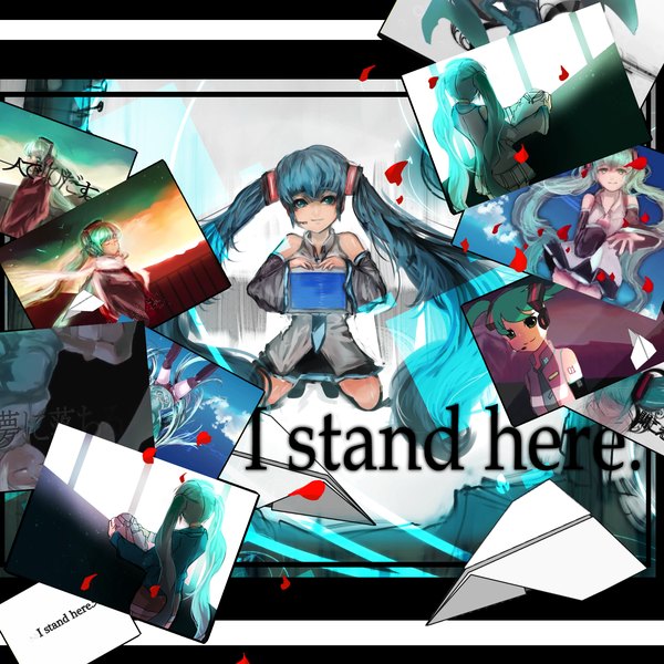 Anime picture 1600x1600 with vocaloid hatsune miku zigemu single long hair blue eyes twintails blue hair from behind aqua hair girl petals necktie picture paper airplane