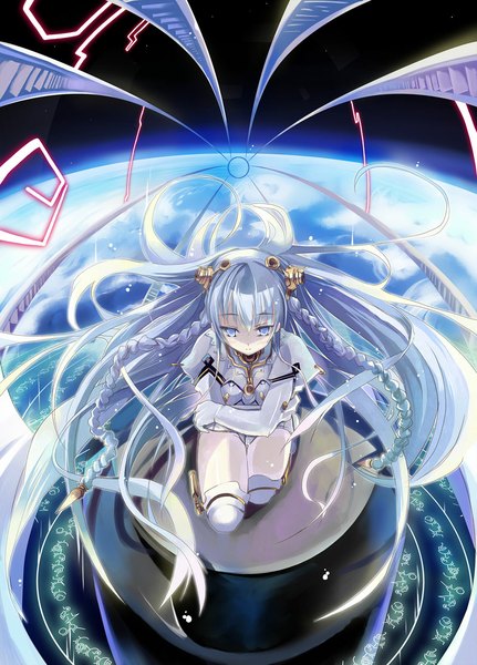 Anime picture 800x1113 with ar tonelico gust (company) shurelia (ar tonelico) hinoto (artist) single long hair tall image blush fringe blue eyes sitting silver hair full body braid (braids) from above inscription twin braids kneeling floating hair glowing