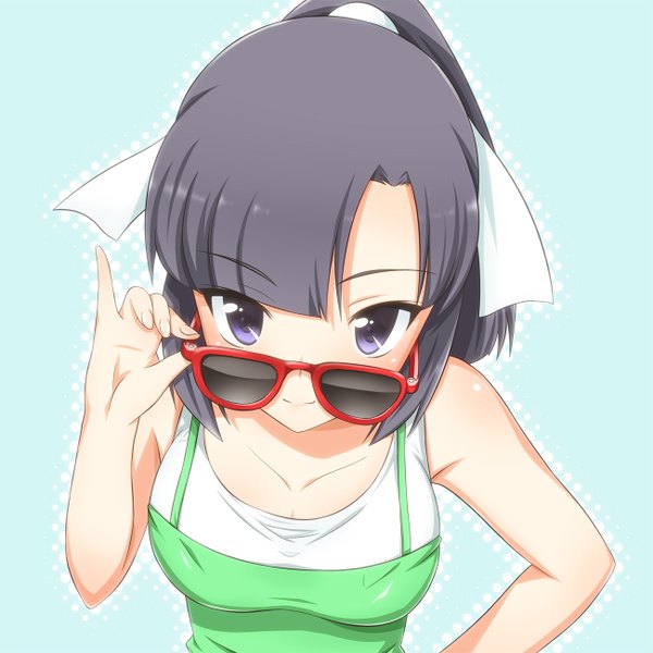 Anime picture 1300x1300 with kami nomi zo shiru sekai uemoto sumire yuto (dialique) short hair black hair simple background ponytail black eyes hand on hip sunglasses removed girl sunglasses