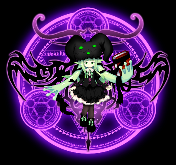 Anime picture 870x818 with touhou book of star mythology original fuma mishandra veronwoon single long hair simple background holding green eyes bent knee (knees) green hair puffy sleeves magic black background glow webbed hands girl dress ribbon (ribbons)