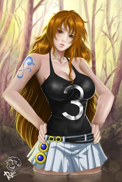 Anime picture 1500x2231 with one piece toei animation nami (one piece) tiodpraz single long hair tall image brown hair bare shoulders brown eyes pleated skirt lips sunlight realistic tattoo hands on hips girl plant (plants) tree (trees) water