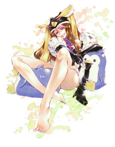 Anime picture 1170x1500 with mawaru penguindrum takakura himari princess of the crystal penguin 1-gou penguin 2-gou takanashi ringo single long hair tall image light erotic smile brown hair sitting pink eyes barefoot legs pointing girl gloves hat