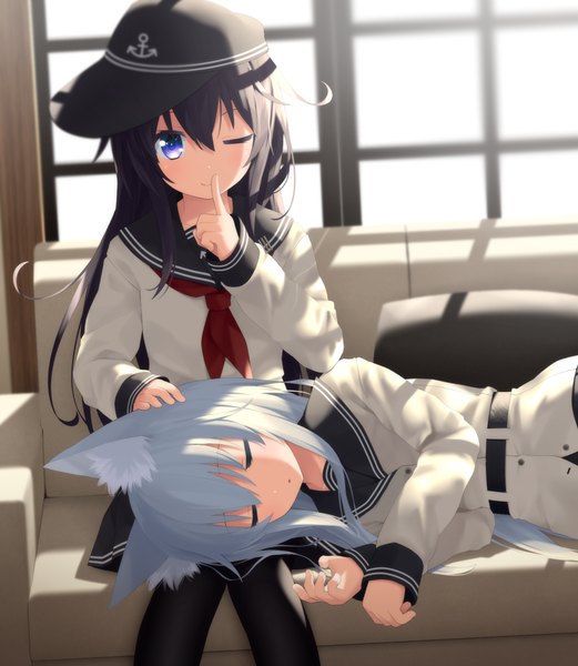 Anime picture 900x1035 with kantai collection hibiki destroyer verniy destroyer akatsuki destroyer haribote (tarao) long hair tall image looking at viewer blue eyes black hair multiple girls animal ears lying eyes closed one eye closed wink finger to mouth on side sleeping wolf ears