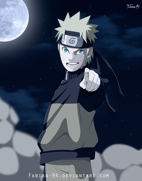 Anime picture 1983x2513 with naruto studio pierrot naruto (series) uzumaki naruto fabiansm single tall image highres short hair open mouth blue eyes blonde hair smile cloud (clouds) night sky coloring facial mark smoke whisker markings pointing