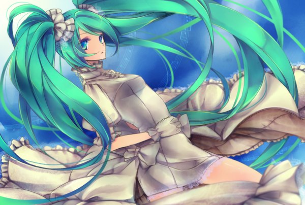 Anime picture 1528x1030 with vocaloid hatsune miku neck (galaxy07) single twintails very long hair looking back aqua eyes aqua hair girl dress gloves