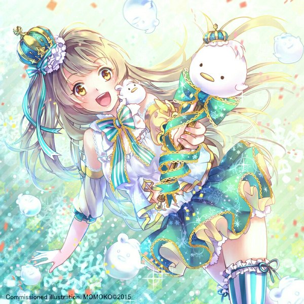 Anime picture 800x800 with love live! school idol project sunrise (studio) love live! minami kotori minami kotori (bird) momoko (momoko14) single long hair looking at viewer blush fringe open mouth brown hair bare shoulders yellow eyes one side up spread arms animal on shoulder 2015 bird on shoulder