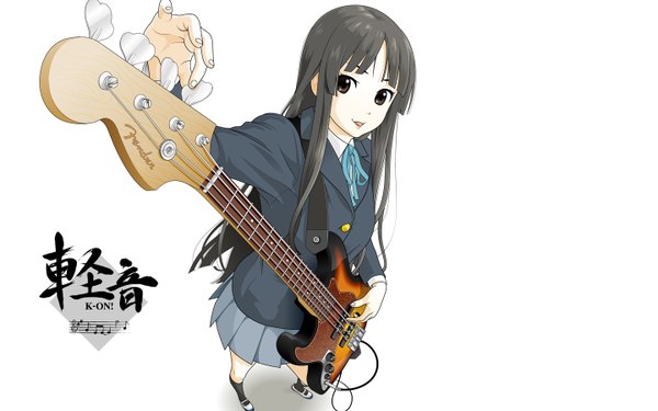 Anime picture 1440x900 with k-on! kyoto animation akiyama mio makio (es335) single long hair looking at viewer black hair simple background wide image white background from above black eyes copyright name third-party edit extended girl uniform school uniform musical instrument