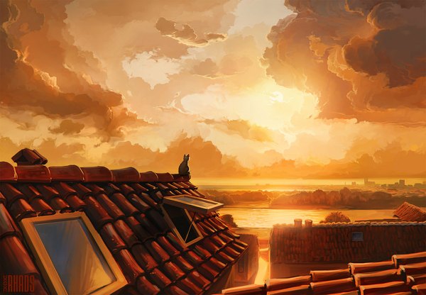 Anime picture 1024x710 with rhads sky cloud (clouds) no people landscape river animal window building (buildings) cat sun roof