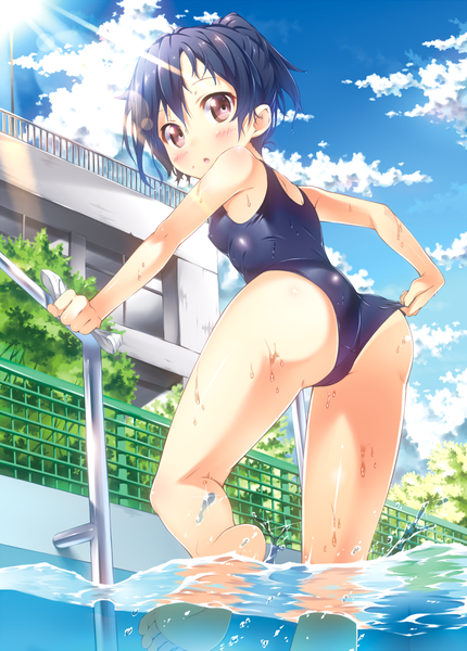 Anime picture 757x1057 with original ichi makoto single tall image looking at viewer blush short hair open mouth light erotic black hair brown eyes sky cloud (clouds) ass girl swimsuit pool