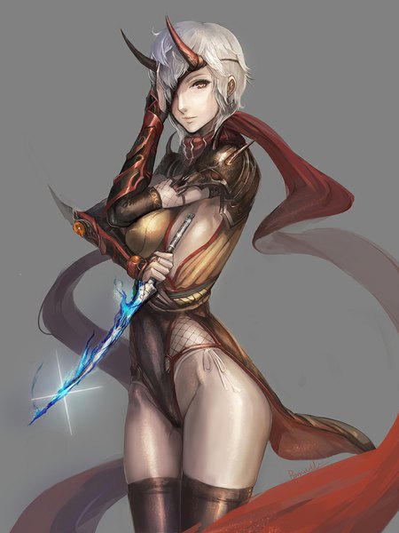 Anime picture 825x1100 with onimusha soul bamuth single tall image looking at viewer blush fringe short hair breasts light erotic smile large breasts standing brown eyes white hair horn (horns) hair over one eye oni horns girl thighhighs