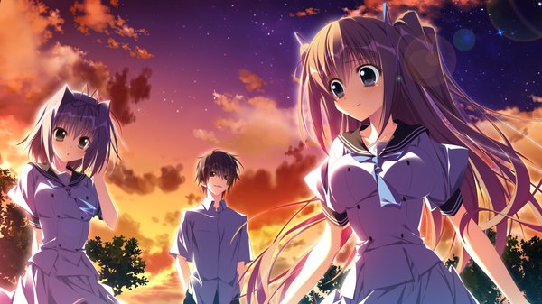 Anime picture 1280x720 with kotoba no kieta hi mizukashi aoi motoyon long hair blush short hair black hair brown hair wide image multiple girls brown eyes pink hair game cg sky cloud (clouds) black eyes evening sunset girl dress