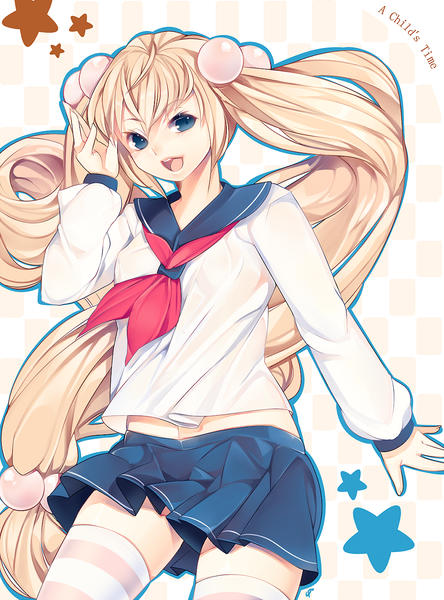 Anime picture 963x1300 with kodomo no jikan kokonoe rin loyproject single tall image looking at viewer fringe open mouth blue eyes blonde hair smile very long hair girl thighhighs skirt uniform school uniform miniskirt striped thighhighs