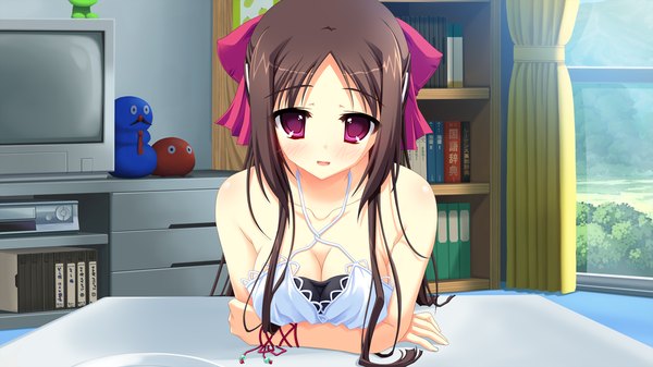 Anime picture 1280x720 with ama ane yashima otome single long hair looking at viewer blush breasts light erotic black hair wide image purple eyes bare shoulders game cg cleavage no bra girl hair ornament bow hair bow hairclip