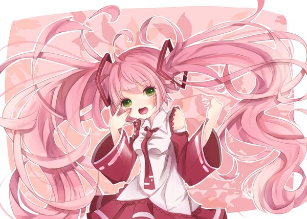 Anime picture 1400x1000 with vocaloid hatsune miku sakura miku motsuni (lxxe1120) single looking at viewer blush open mouth twintails green eyes pink hair ahoge very long hair nail polish hand on cheek girl detached sleeves