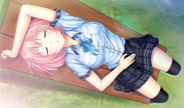 Anime picture 2440x1440 with ayame no machi to ohimesama kazuharu kina highres short hair wide image pink hair game cg eyes closed girl thighhighs skirt uniform hair ornament black thighhighs school uniform shirt heart hair ornament
