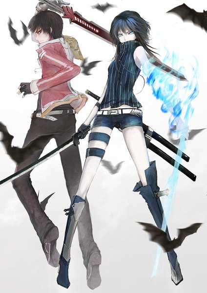 Anime picture 1024x1448 with original mek long hair tall image looking at viewer short hair blue eyes black hair simple background standing white background holding looking back sleeveless magic girl boy gloves weapon animal