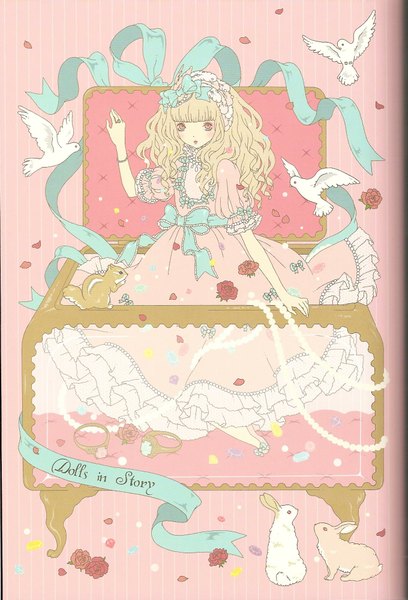 Anime picture 1359x1998 with original kira imai (artist) tall image blonde hair pink eyes scan lolita fashion curly hair sweet lolita girl dress flower (flowers) ribbon (ribbons) animal petals shoes frills headdress bird (birds) rose (roses)