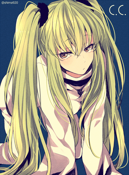 Anime picture 600x815 with code geass sunrise (studio) c.c. mashima shima single long hair tall image blush fringe simple background hair between eyes twintails brown eyes signed payot looking away long sleeves green hair character names blue background