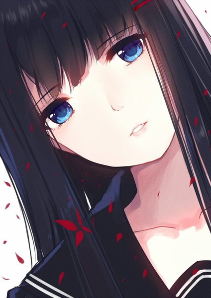 Anime picture 800x1131 with original sin (caidychen) caidychen single long hair tall image looking at viewer fringe blue eyes black hair simple background white background parted lips head tilt lips dutch angle portrait close-up pale skin girl