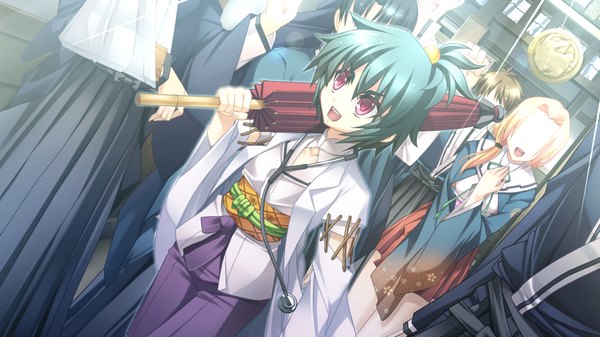 Anime picture 1280x720 with appare! tenka gomen katagiri hinata short hair open mouth wide image game cg traditional clothes pink eyes green hair closed umbrella girl umbrella