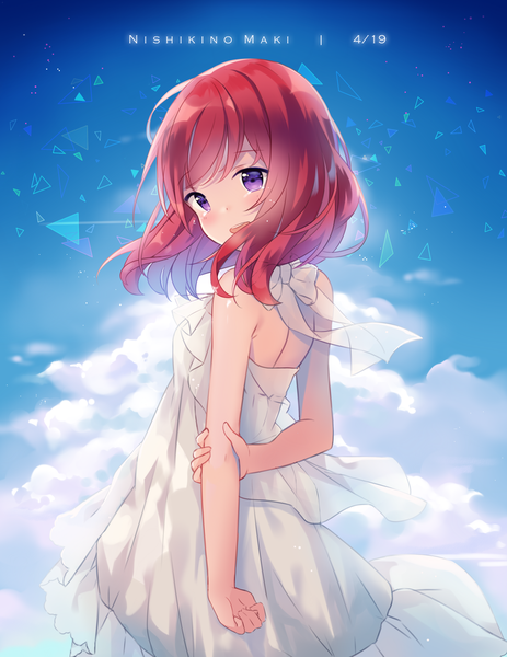 Anime picture 2550x3300 with love live! school idol project sunrise (studio) love live! nishikino maki hitsukuya single tall image looking at viewer blush highres short hair purple eyes sky cloud (clouds) red hair looking back character names girl dress white dress