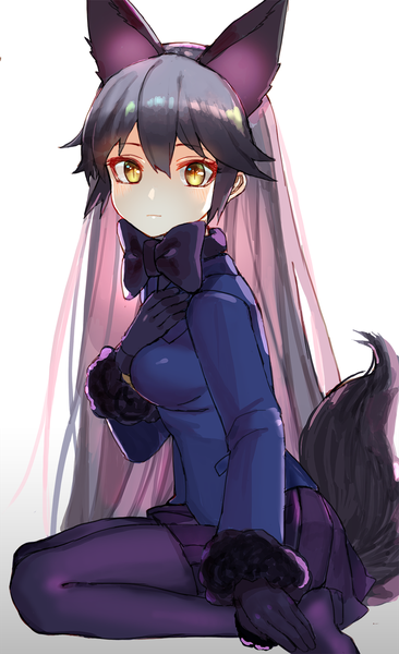 Anime picture 916x1500 with kemono friends silver fox (kemono friends) luicent single long hair tall image looking at viewer blush fringe breasts simple background smile hair between eyes white background sitting animal ears yellow eyes payot tail long sleeves
