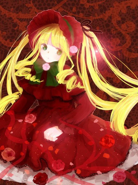 Anime picture 1200x1600 with rozen maiden shinku yugoe single long hair tall image blonde hair simple background sitting twintails green eyes drill hair lolita fashion girl dress flower (flowers) bow ribbon (ribbons) hair ribbon headdress