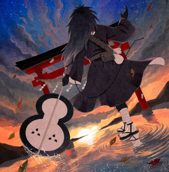 Anime picture 880x900 with naruto studio pierrot naruto (series) uchiha madara single long hair tall image black hair standing holding sky cloud (clouds) full body arm up wind from behind from below dutch angle evening sunset