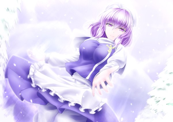 Anime picture 1097x777 with touhou letty whiterock y2 single long hair breasts light erotic large breasts purple eyes purple hair snowing winter snow outstretched hand girl dress apron