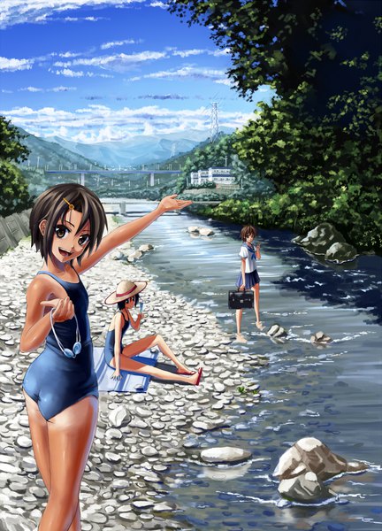 Anime picture 700x972 with original bokuden tall image looking at viewer short hair open mouth black hair brown hair multiple girls brown eyes sky cloud (clouds) outdoors pleated skirt mountain river tan tan lines girl skirt