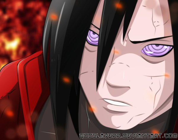 Anime picture 1711x1348 with naruto studio pierrot naruto (series) uchiha madara godslayerr single highres short hair black hair purple eyes signed coloring close-up face rinnegan boy fire